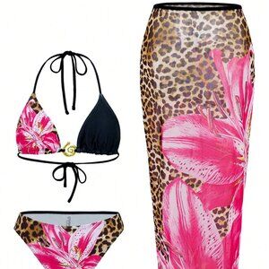 New ZAFUL XL Womens 3pcs Swimsuit Floral Halter Triangle Bikini Top with SKIRT